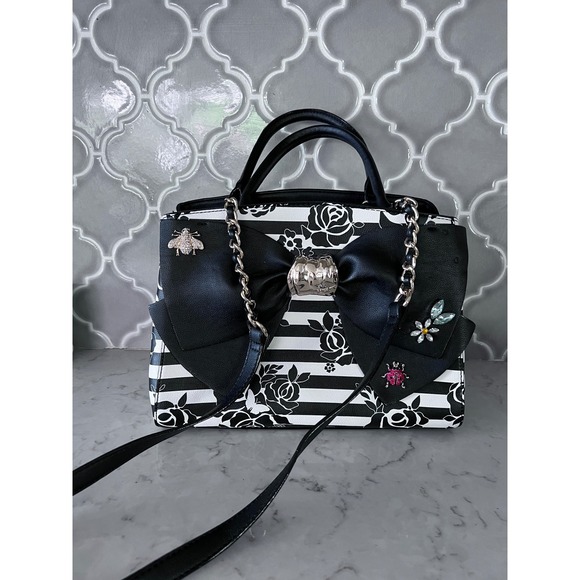Betsey Johnson Glam Garden Striped Rose Satchel Large Bow Jeweled Crossbody Bag - Picture 4 of 16